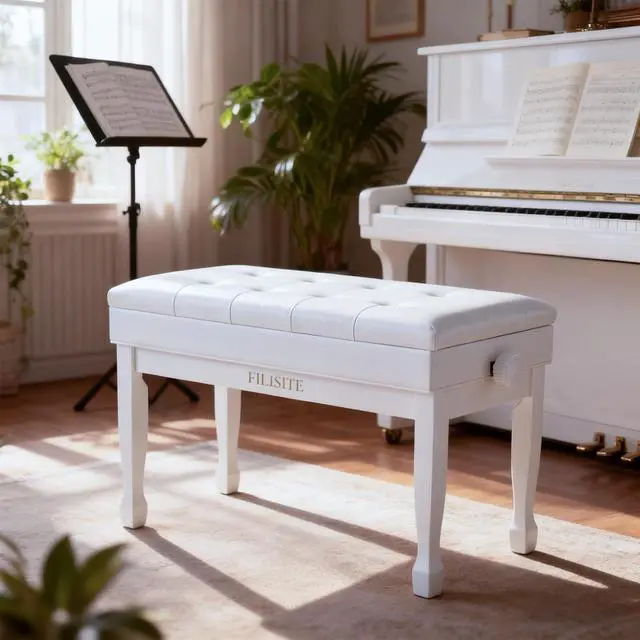 Alt view image 2 of 7 - Adjustable Height Piano Bench with Storage, Solid Wood Duet Keyboard Stool, Waterproof Padded Seat Cushion, Multi-Use Bench for Piano, Vanity, Living Room, Bedroom XJ750-4(White)
