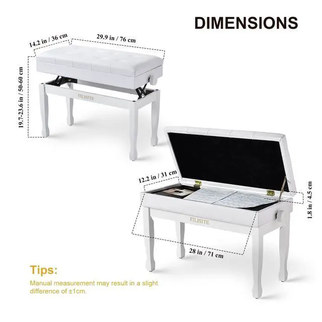 Alt view image 3 of 7 - Adjustable Height Piano Bench with Storage, Solid Wood Duet Keyboard Stool, Waterproof Padded Seat Cushion, Multi-Use Bench for Piano, Vanity, Living Room, Bedroom XJ750-4(White)