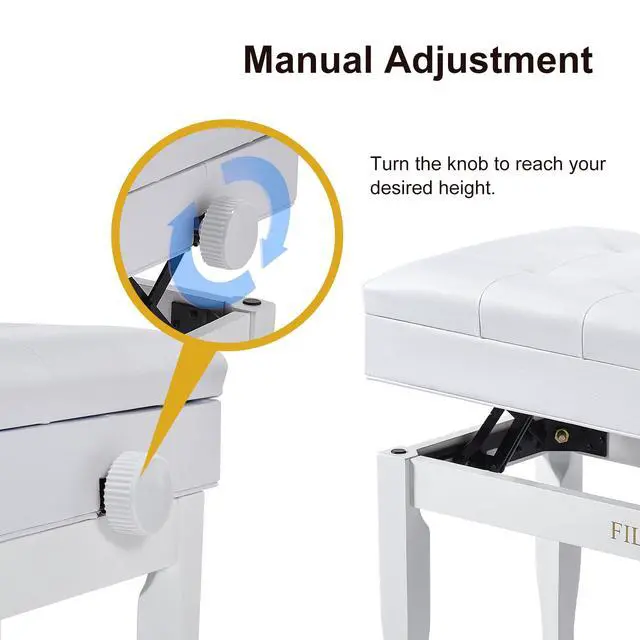 Alt view image 4 of 7 - Adjustable Height Piano Bench with Storage, Solid Wood Duet Keyboard Stool, Waterproof Padded Seat Cushion, Multi-Use Bench for Piano, Vanity, Living Room, Bedroom XJ750-4(White)