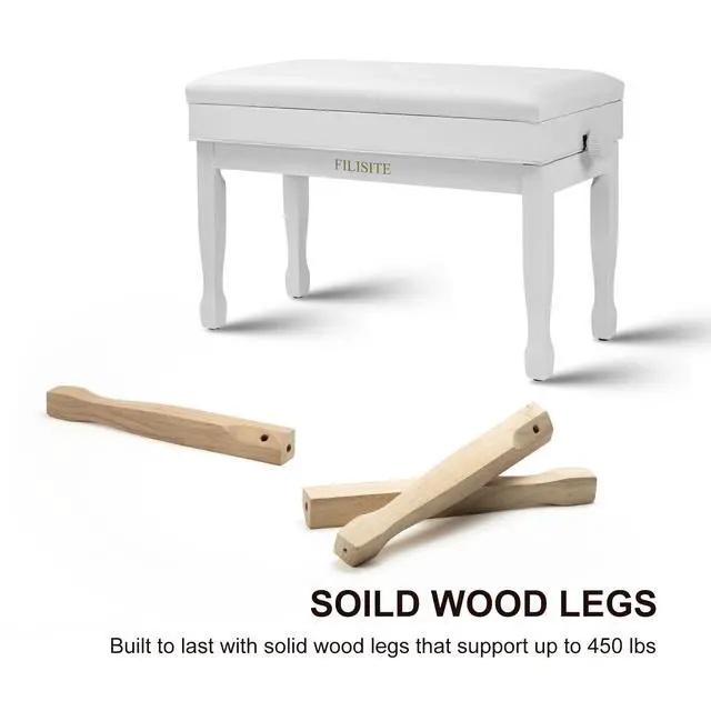 Alt view image 5 of 7 - Adjustable Height Piano Bench with Storage, Solid Wood Duet Keyboard Stool, Waterproof Padded Seat Cushion, Multi-Use Bench for Piano, Vanity, Living Room, Bedroom XJ750-4(White)