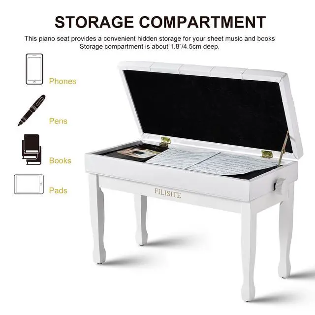 Alt view image 7 of 7 - Adjustable Height Piano Bench with Storage, Solid Wood Duet Keyboard Stool, Waterproof Padded Seat Cushion, Multi-Use Bench for Piano, Vanity, Living Room, Bedroom XJ750-4(White)