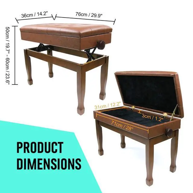 Alt view image 3 of 6 - Adjustable Height Piano Bench with Storage, Solid Wood Duet Keyboard Stool, Waterproof Padded Seat Cushion, Multi-Use Bench for Piano, Vanity, Living Room, Bedroom XJ750-4(Wood)