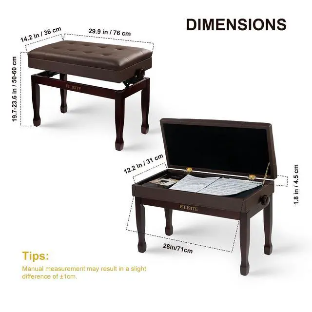 Alt view image 3 of 7 - Adjustable Height Piano Bench with Storage, Solid Wood Duet Keyboard Stool, Waterproof Padded Seat Cushion, Multi-Use Bench for Piano, Vanity, Living Room, Bedroom XJ750-4(Brown)