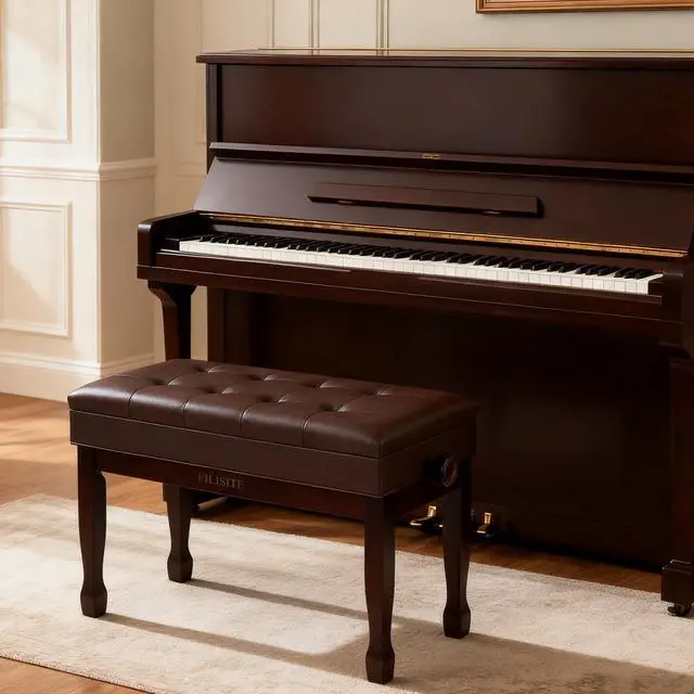 Alt view image 2 of 7 - Adjustable Height Piano Bench with Storage, Solid Wood Duet Keyboard Stool, Waterproof Padded Seat Cushion, Multi-Use Bench for Piano, Vanity, Living Room, Bedroom XJ750-4(Brown)