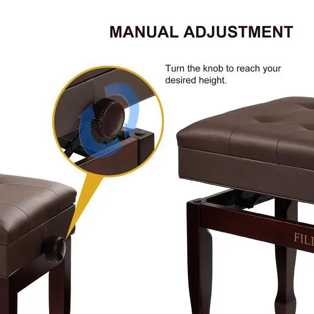 Alt view image 4 of 7 - Adjustable Height Piano Bench with Storage, Solid Wood Duet Keyboard Stool, Waterproof Padded Seat Cushion, Multi-Use Bench for Piano, Vanity, Living Room, Bedroom XJ750-4(Brown)