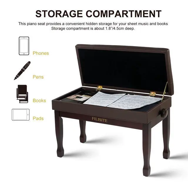 Alt view image 7 of 7 - Adjustable Height Piano Bench with Storage, Solid Wood Duet Keyboard Stool, Waterproof Padded Seat Cushion, Multi-Use Bench for Piano, Vanity, Living Room, Bedroom XJ750-4(Brown)