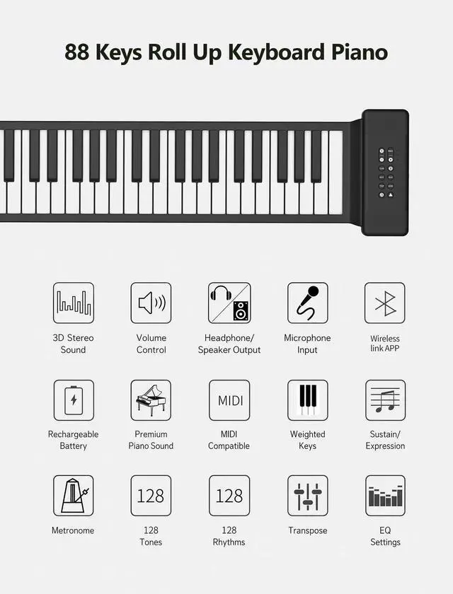 Alt view image 3 of 7 - AIVANONE 88 Key Roll Up Piano keyboard Wireless APP | Foldable Design, Rechargeable Battery, Full-Size Keyboard Layout, Easy Storage and Carrying, Ideal for Beginners