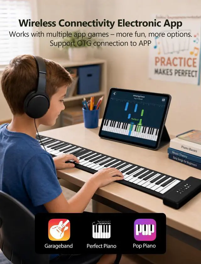 Alt view image 7 of 7 - AIVANONE 88 Key Roll Up Piano keyboard Wireless APP | Foldable Design, Rechargeable Battery, Full-Size Keyboard Layout, Easy Storage and Carrying, Ideal for Beginners