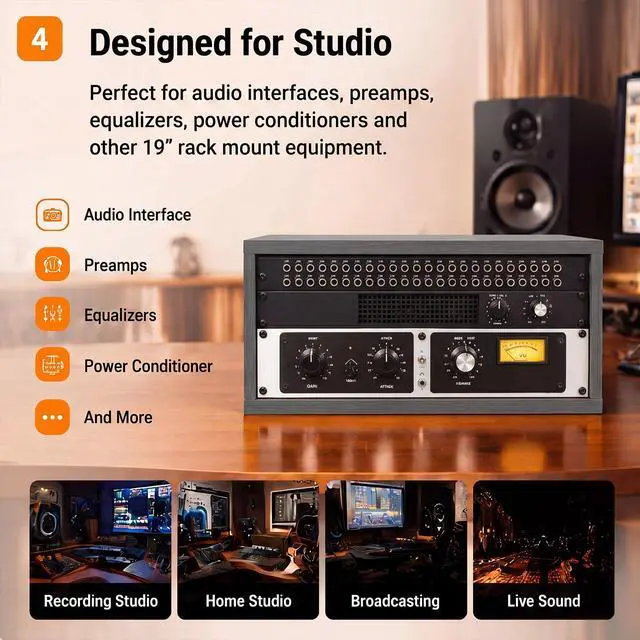 Alt view image 2 of 6 - 4U Wooden Studio Rack for Pro Audio Gear 4u Audio Rack Case in Oak Finish Compact Efficient Desktop Storage Protect Equipment Studio Control Home Room Use(Gray)