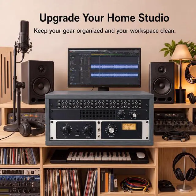 Alt view image 5 of 6 - 4U Wooden Studio Rack for Pro Audio Gear 4u Audio Rack Case in Oak Finish Compact Efficient Desktop Storage Protect Equipment Studio Control Home Room Use(Gray)