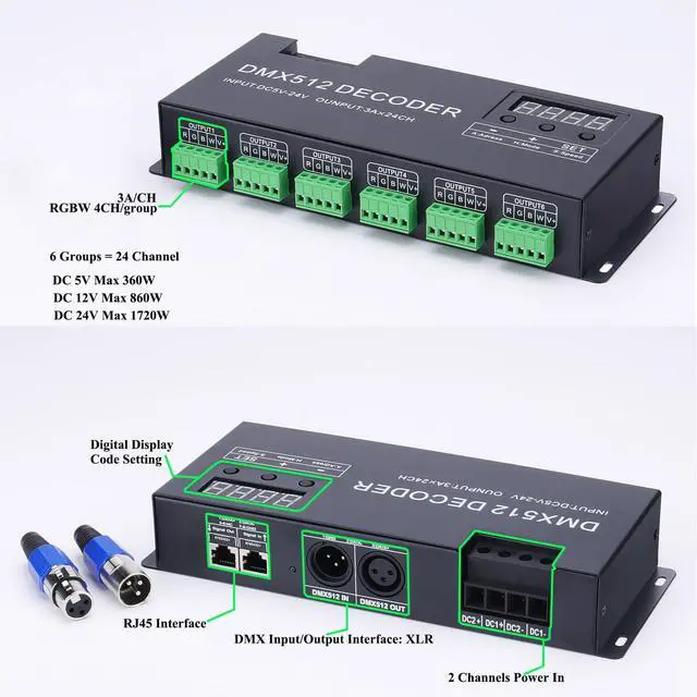 Alt view image 3 of 6 - RGBW LED DMX Digital Display Decoder 24 Channel | DC 5V-24V 3A/CH 6 Groups DMX512 LED Controller Dimming Driver for RGBW LED Strip Lights