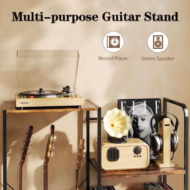 Alt view image 3 of 7 - Guitar Rack with Record Player Stand 48" H, 3 Tier Guitar Stand Shelf for Amp Player and Vinyl Record Storage, Multiple Guitar Holder for 3 Guitars Home Music Studio
