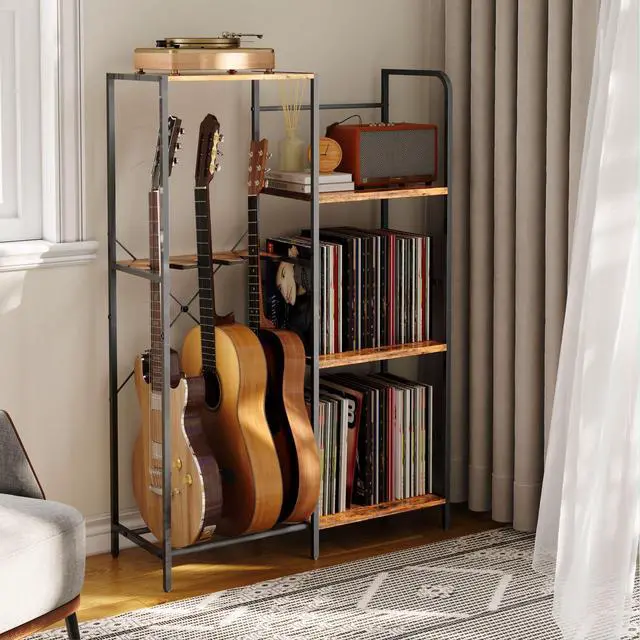 Alt view image 2 of 7 - Guitar Rack with Record Player Stand 48" H, 3 Tier Guitar Stand Shelf for Amp Player and Vinyl Record Storage, Multiple Guitar Holder for 3 Guitars Home Music Studio