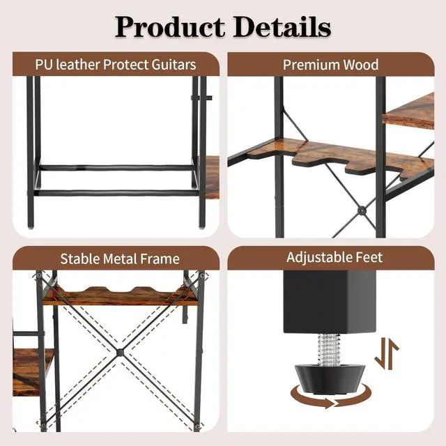 Alt view image 6 of 7 - Guitar Rack with Record Player Stand 48" H, 3 Tier Guitar Stand Shelf for Amp Player and Vinyl Record Storage, Multiple Guitar Holder for 3 Guitars Home Music Studio