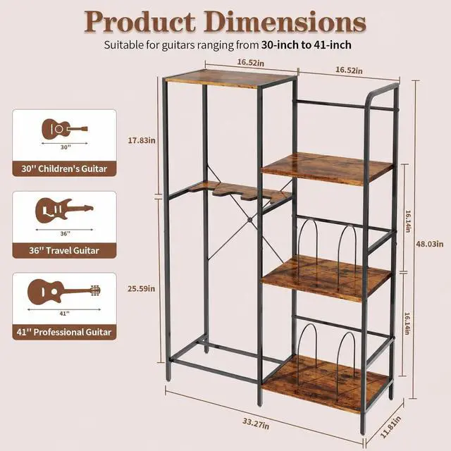 Alt view image 7 of 7 - Guitar Rack with Record Player Stand 48" H, 3 Tier Guitar Stand Shelf for Amp Player and Vinyl Record Storage, Multiple Guitar Holder for 3 Guitars Home Music Studio
