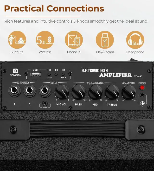 Alt view image 3 of 7 - 40W Drum Amp for Electronic Drum, 3-Band EQ Monitor Speaker | Powerful 40W output with an 8-inch woofer & 2-inch tweeter for rich, full-range sound