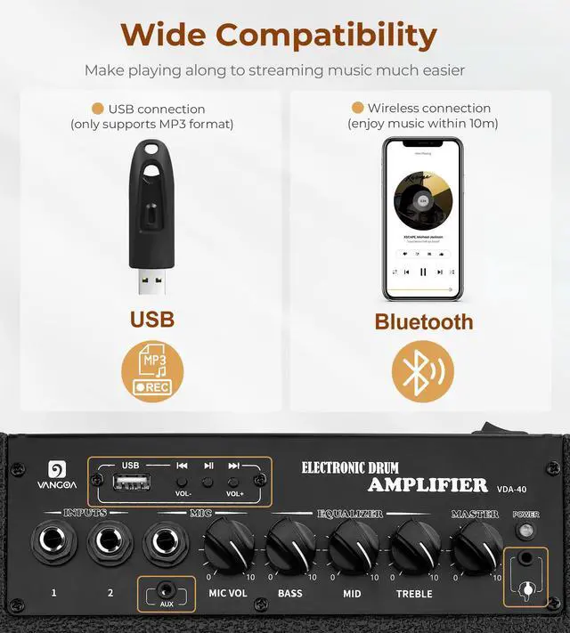 Alt view image 5 of 7 - 40W Drum Amp for Electronic Drum, 3-Band EQ Monitor Speaker | Powerful 40W output with an 8-inch woofer & 2-inch tweeter for rich, full-range sound
