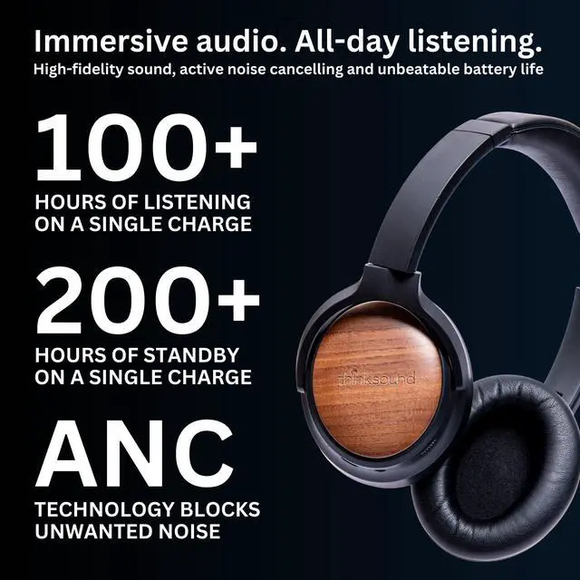 Alt view image 3 of 7 - ov202w Over Ear Noise Cancelling Headphones, 100+ Hours of Listening ANC Hybrid Active Noise Canceling Battery Best HiFi Headset for Studio Monitor, Beats, Musicians, Gym, Guitar, Bass