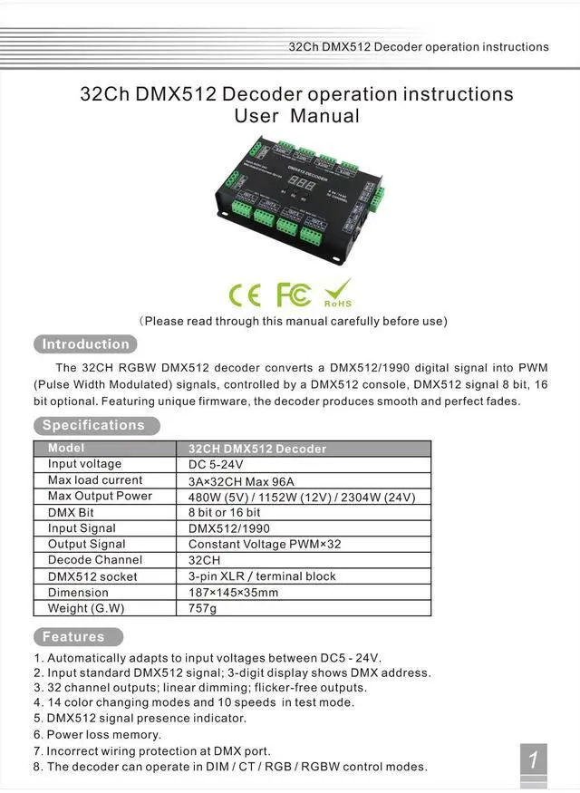 Alt view image 2 of 5 - 32 Channel 96A RGBW DMX 512 LED Decoder Controller DMX Dimmer DC5-24V RGBW RGB LED Light 8 Bit/16 Bit