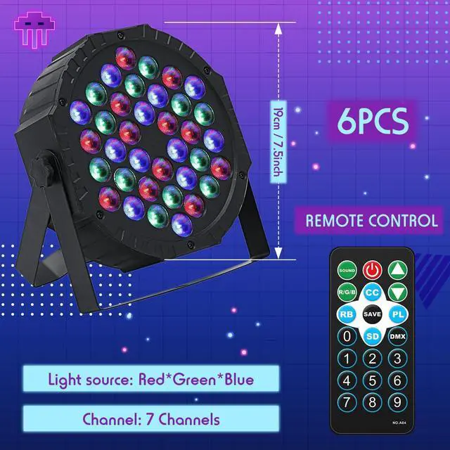 Alt view image 2 of 5 - 6 Pcs 36 LED Stage Lights RGB LED Par Lights 7 Channels Uplights for Events DMX Controlled Sound Activated Stage Lighting DJ Uplighting with Remote Control for Music Concert Disco Wedding Party Club