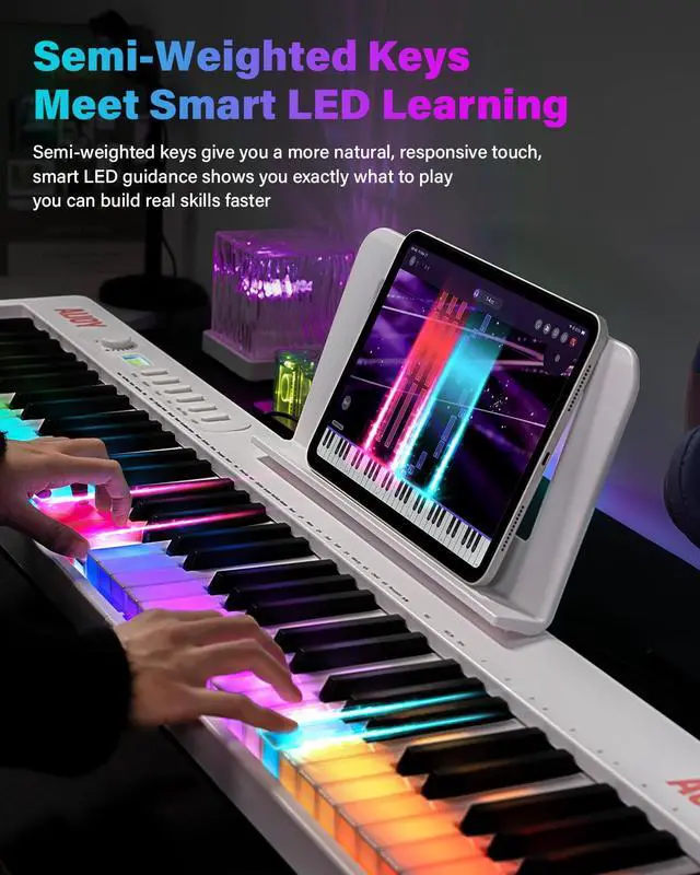 Alt view image 3 of 7 - 88 Keys Foldable Piano Keyboard with Colorful Lighted Keys Piano | Full Size Semi-Weighted Portable Keyboard Piano with USB-MIDI, Speakers, Sustain Pedal for Beginners, Travel and Small Spaces