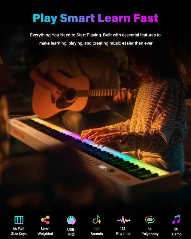 Alt view image 2 of 7 - 88 Keys Foldable Piano Keyboard with Colorful Lighted Keys Piano | Full Size Semi-Weighted Portable Keyboard Piano with USB-MIDI, Speakers, Sustain Pedal for Beginners, Travel and Small Spaces