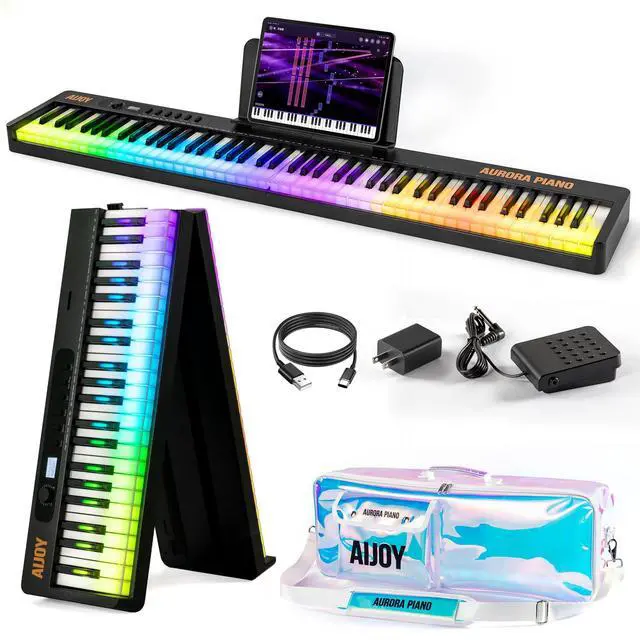 Main image of 88 Keys Folding Keyboard Piano with Colorful Light Up Piano keyboard | Full Size Semi-Weighted Keyboard Electric Piano with USB-MIDI, Speakers, Sustain Pedal for Beginners, Travel and Small Spaces