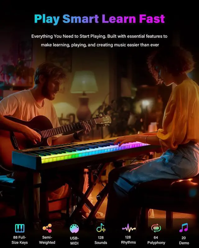 Alt view image 2 of 7 - 88 Keys Folding Keyboard Piano with Colorful Light Up Piano keyboard | Full Size Semi-Weighted Keyboard Electric Piano with USB-MIDI, Speakers, Sustain Pedal for Beginners, Travel and Small Spaces