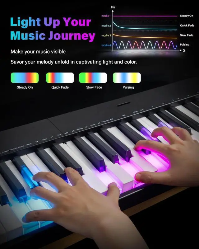 Alt view image 6 of 7 - 88 Keys Folding Keyboard Piano with Colorful Light Up Piano keyboard | Full Size Semi-Weighted Keyboard Electric Piano with USB-MIDI, Speakers, Sustain Pedal for Beginners, Travel and Small Spaces