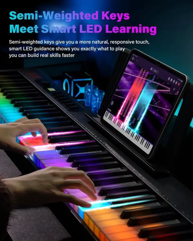 Alt view image 3 of 7 - 88 Keys Folding Keyboard Piano with Colorful Light Up Piano keyboard | Full Size Semi-Weighted Keyboard Electric Piano with USB-MIDI, Speakers, Sustain Pedal for Beginners, Travel and Small Spaces