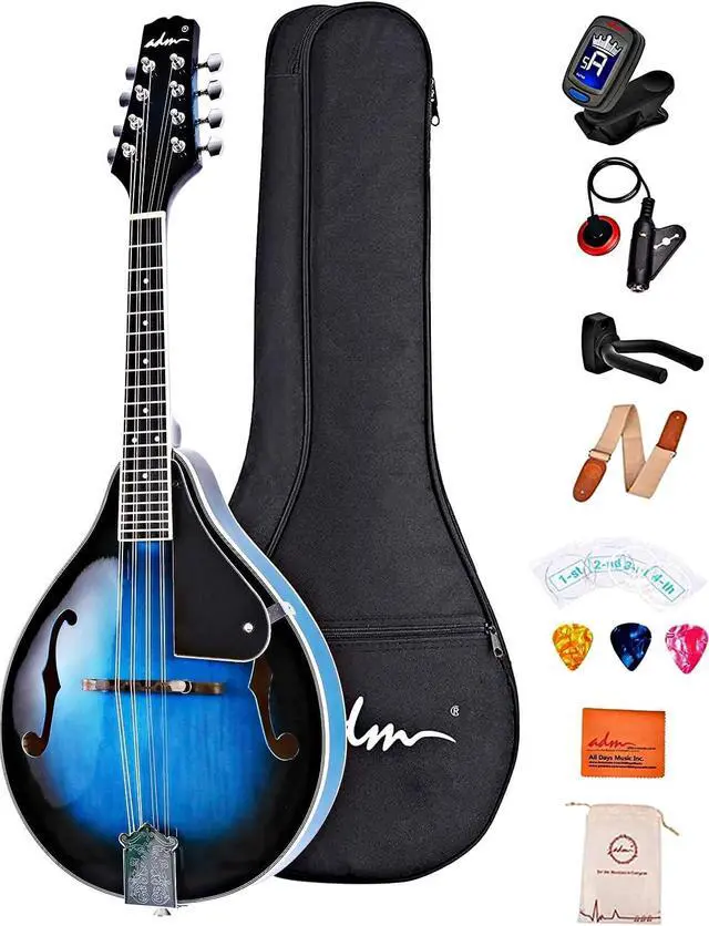 Main image of Acoustic Mandolin Instrument Kit Music A Style for Kids Students Adults Wood Mandolins Beginner Set With Bag, Tuner, Pick-up, Strap, Strings, Picks and Hanger, Blue