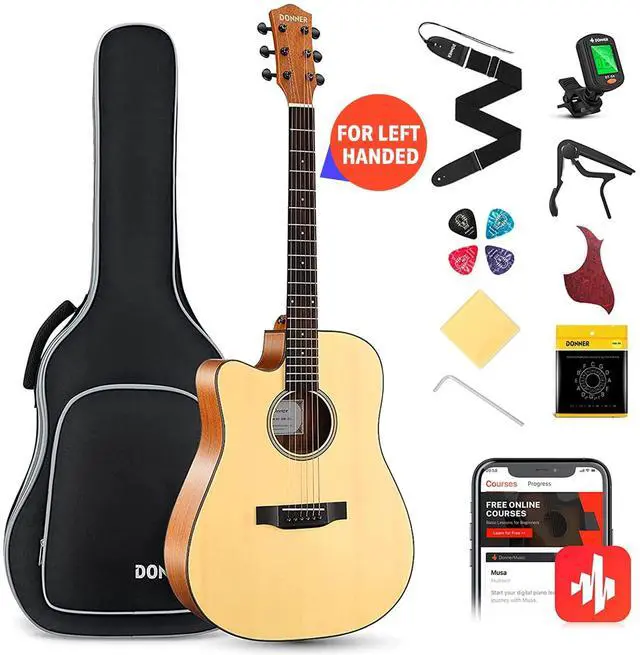 Main image of Left Handed Acoustic Guitar Kit for Beginner Adult Full Size Cutaway Lefty Acustica Guitarra Bundle Set with Bag Strap Tuner Capo Pickguard String, 41 Inch, DAG-1CL
