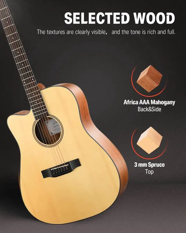 Alt view image 4 of 6 - Left Handed Acoustic Guitar Kit for Beginner Adult Full Size Cutaway Lefty Acustica Guitarra Bundle Set with Bag Strap Tuner Capo Pickguard String, 41 Inch, DAG-1CL