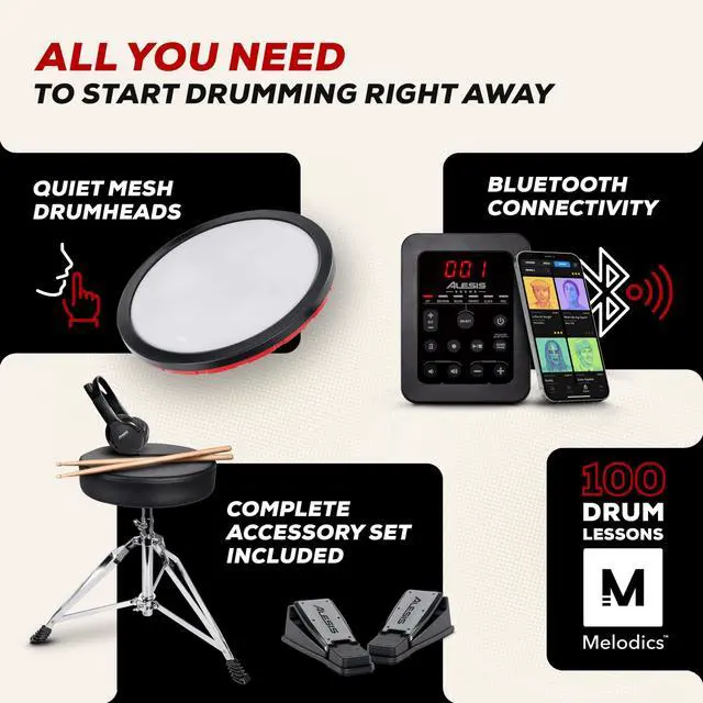 Alt view image 2 of 7 - Turbo Max Electric Drum Set with Quiet 8" Mesh Pads, Lessons, Bluetooth and Accessories, Foldable