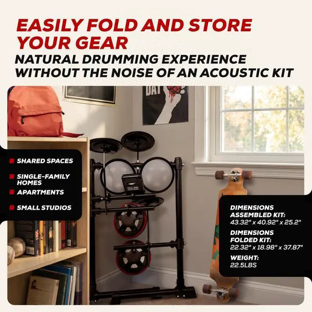 Alt view image 3 of 7 - Turbo Max Electric Drum Set with Quiet 8" Mesh Pads, Lessons, Bluetooth and Accessories, Foldable