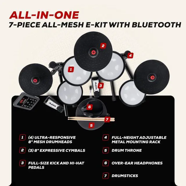 Alt view image 6 of 7 - Turbo Max Electric Drum Set with Quiet 8" Mesh Pads, Lessons, Bluetooth and Accessories, Foldable