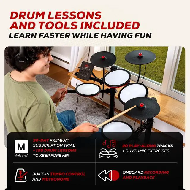 Alt view image 4 of 7 - Turbo Max Electric Drum Set with Quiet 8" Mesh Pads, Lessons, Bluetooth and Accessories, Foldable