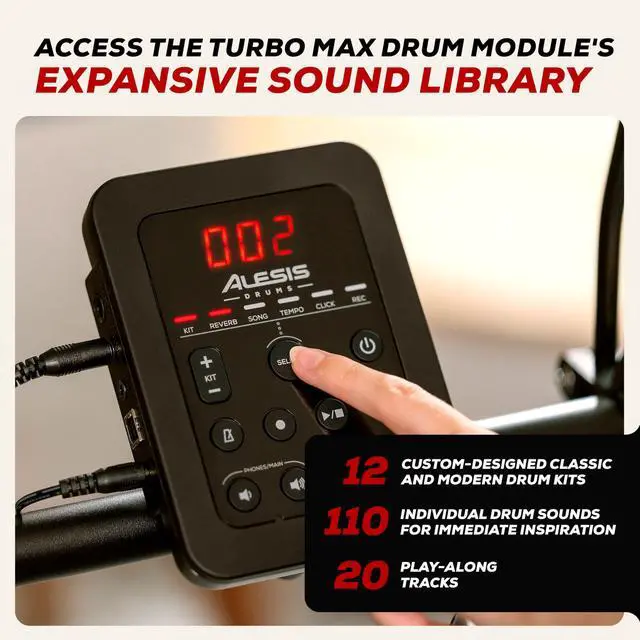 Alt view image 7 of 7 - Turbo Max Electric Drum Set with Quiet 8" Mesh Pads, Lessons, Bluetooth and Accessories, Foldable