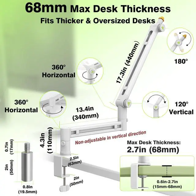 Alt view image 7 of 7 - White Boom Arm Low Profile (Design for Heavy Mic) 6.6lbs Load Capacity, Gear Lock Structure Never Sags, Metal Microphone Stand Desk Mount for Shure SM7B MV7+, Blue Yeti, Rode PodMic