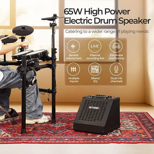 Alt view image 2 of 7 - Electric Drum Amp 65W Professional Wireless Electronic Amplifier for Drum Set Speaker 3-Band EQ USB Personal Monitor Keyboard Speaker, Black