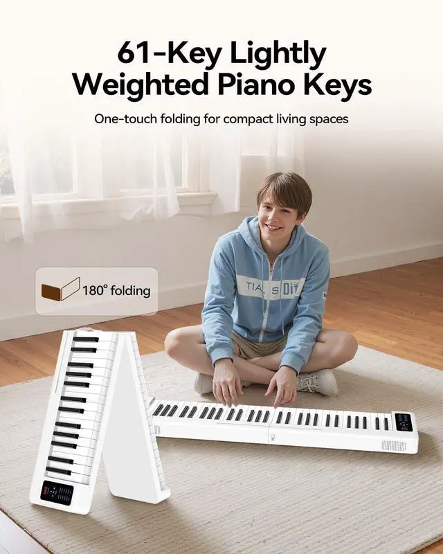 Alt view image 2 of 7 - Folding Piano Keyboard, 61 Keys Sensitive Electric Piano, Semi-Weighted Portable Electric Keyboard with Bluetooth MIDI, Digital Foldable Keyboard for Beginners(White)