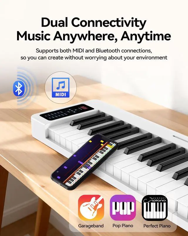 Alt view image 3 of 7 - Folding Piano Keyboard, 61 Keys Sensitive Electric Piano, Semi-Weighted Portable Electric Keyboard with Bluetooth MIDI, Digital Foldable Keyboard for Beginners(White)