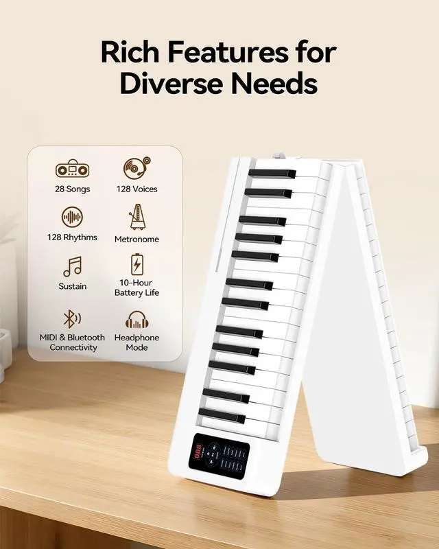 Alt view image 4 of 7 - Folding Piano Keyboard, 61 Keys Sensitive Electric Piano, Semi-Weighted Portable Electric Keyboard with Bluetooth MIDI, Digital Foldable Keyboard for Beginners(White)