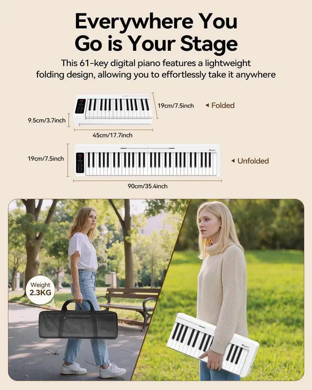 Alt view image 7 of 7 - Folding Piano Keyboard, 61 Keys Sensitive Electric Piano, Semi-Weighted Portable Electric Keyboard with Bluetooth MIDI, Digital Foldable Keyboard for Beginners(White)
