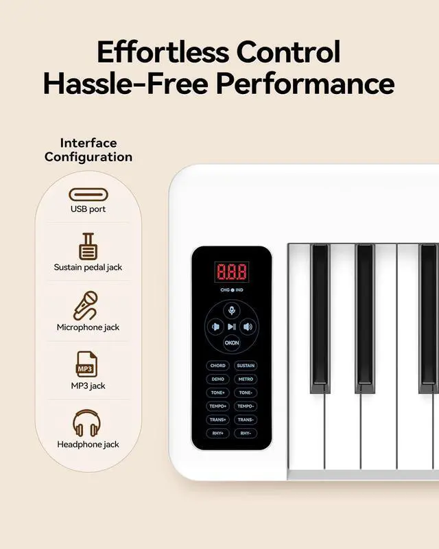 Alt view image 5 of 7 - Folding Piano Keyboard, 61 Keys Sensitive Electric Piano, Semi-Weighted Portable Electric Keyboard with Bluetooth MIDI, Digital Foldable Keyboard for Beginners(White)