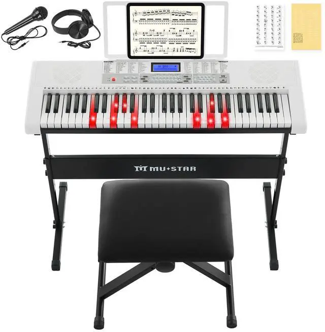 Main image of 61 Key White Piano Keyboard, Electric Keyboard Piano with Light-Up Keys | 255 Tones/Rhythms, Smart Learning System,Headphone,Microphone,Keyboard Stand,Stool, Stickers,Piano Keyboard Set for Beginners