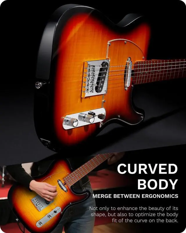 Alt view image 3 of 7 - TL Electric Guitar - Flame Maple Top, Mahogany Body, Maple Neck - Alnico V Pickups, Locking Tuners - Solid Choice for Beginners & Intermediate Players (Sunburst)