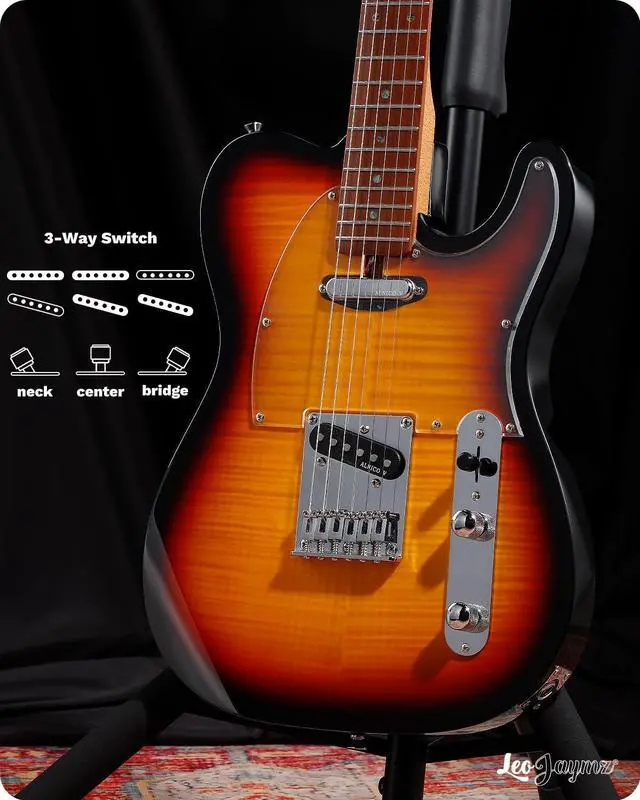 Alt view image 4 of 7 - TL Electric Guitar - Flame Maple Top, Mahogany Body, Maple Neck - Alnico V Pickups, Locking Tuners - Solid Choice for Beginners & Intermediate Players (Sunburst)