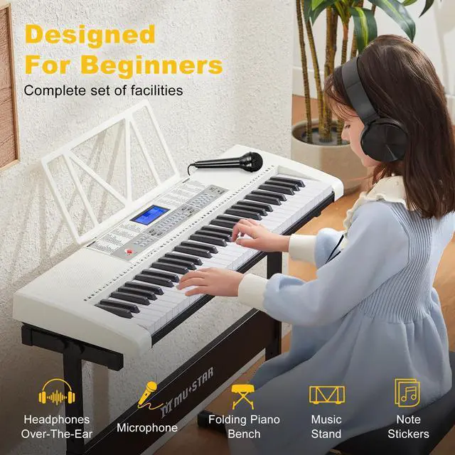 Alt view image 3 of 7 - 61 Key White Piano Keyboard, Electric Keyboard Piano with Light-Up Keys | 255 Tones/Rhythms, Smart Learning System,Headphone,Microphone,Keyboard Stand,Stool, Stickers,Piano Keyboard Set for Beginners
