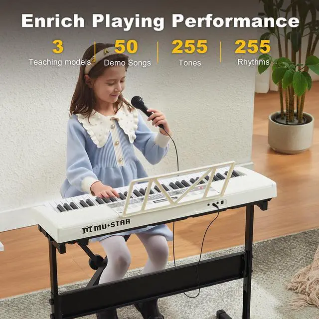 Alt view image 4 of 7 - 61 Key White Piano Keyboard, Electric Keyboard Piano with Light-Up Keys | 255 Tones/Rhythms, Smart Learning System,Headphone,Microphone,Keyboard Stand,Stool, Stickers,Piano Keyboard Set for Beginners